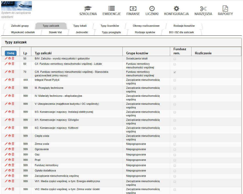 typy zaliczek konfiguracja