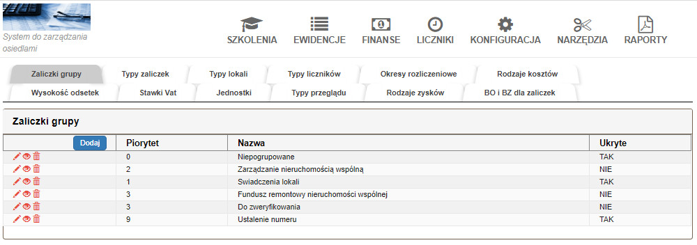 zaliczki grupy konfiguracja