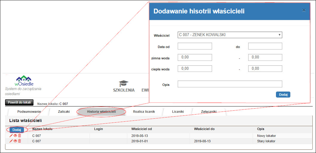 dodawanie historii właścicieli