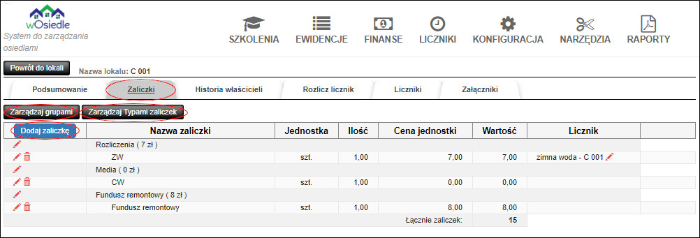 zarządzanie zaliczkami danego lokalu osiedla