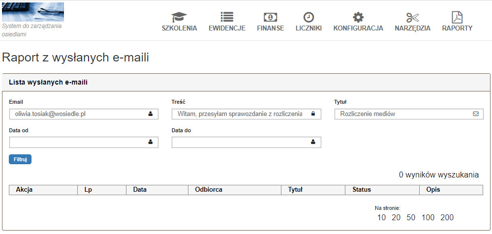 raport z wysłanych emali