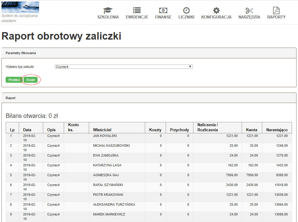 raport obrotowy zaliczki właściciele excel