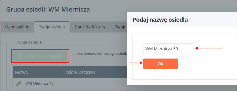 Dodawanie osiedla do listy