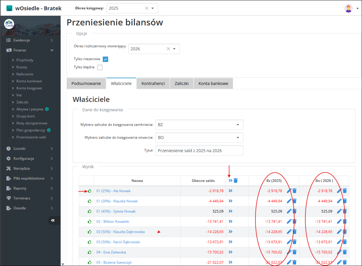 Przeniesienie sald na właścicielach BZ i BO