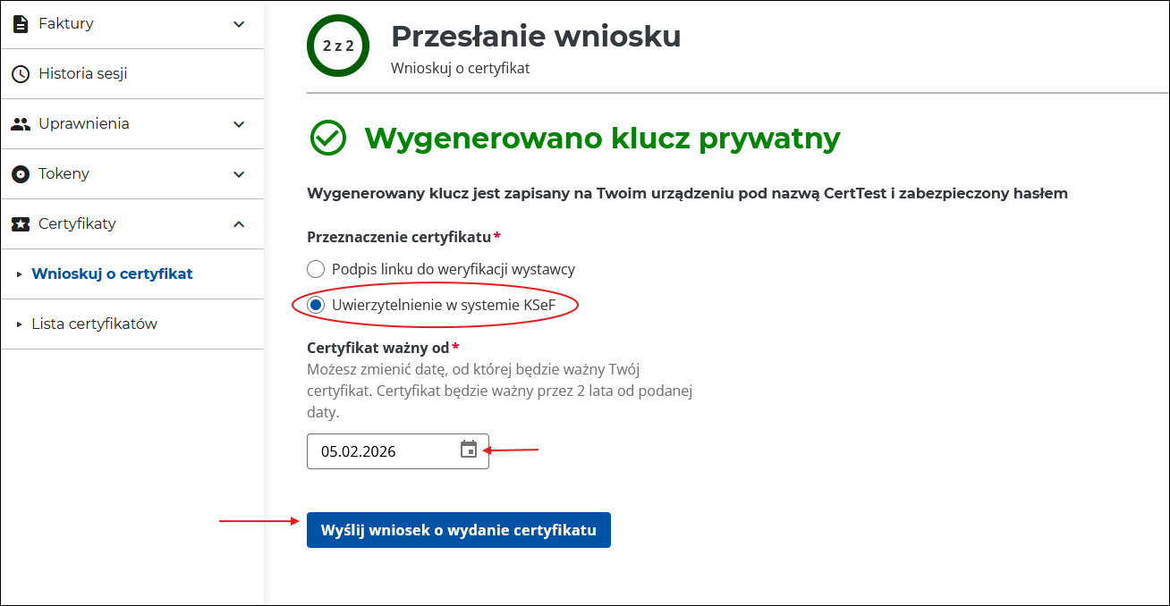 Wygenerowany klucz KSef