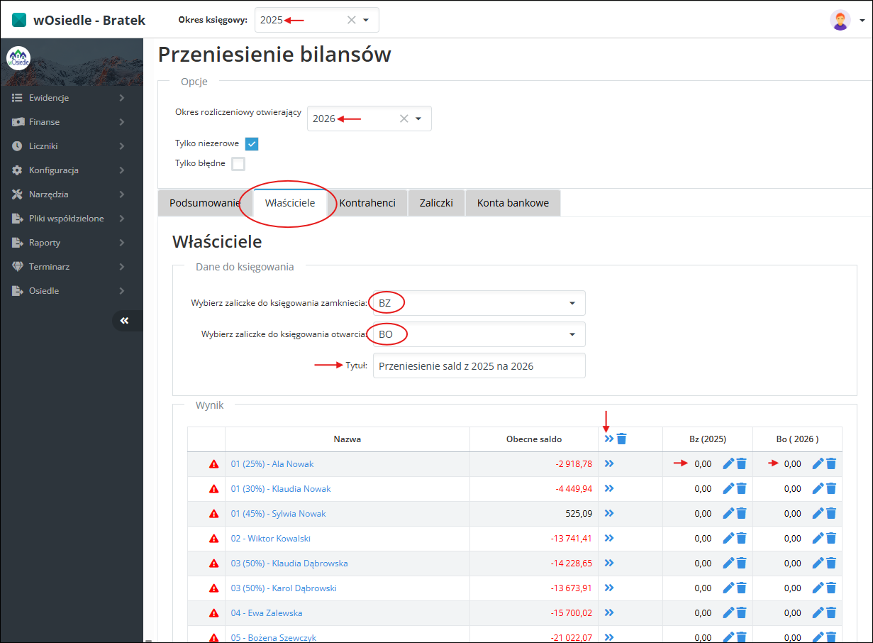 Przeniesienie sald na właścicielach